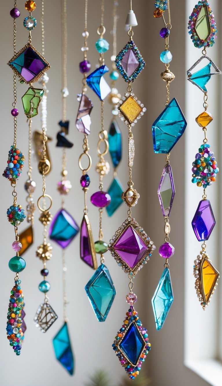 A collection of broken jewelry pieces repurposed as hanging mobile ornaments displayed against a plain background.